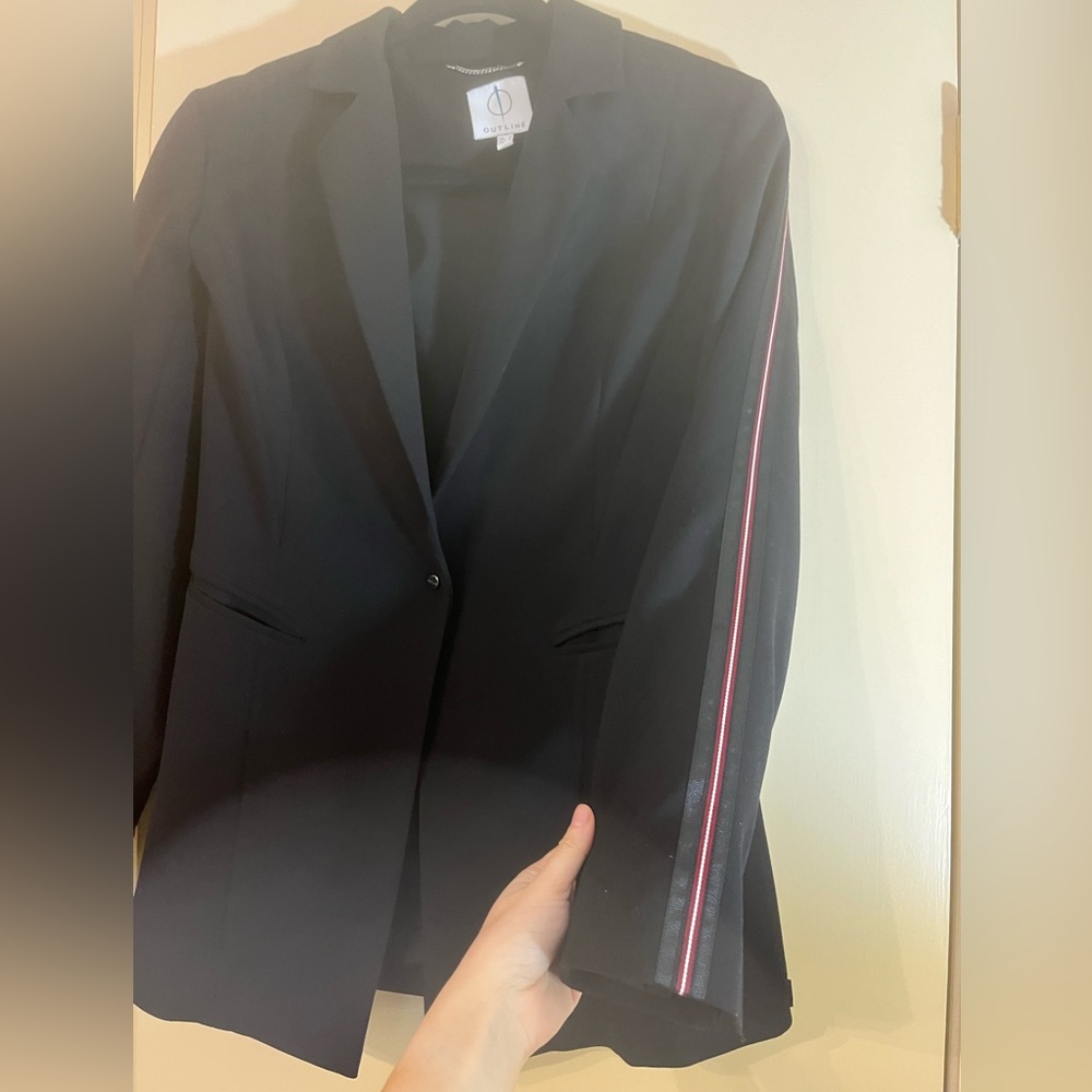 Outline London Women’s Black Blazer with Stripe Trim on Sleeve Back Made in UK